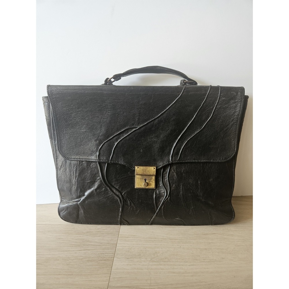 Vintage 1981 Black Leather Briefcase Working Key Fits 15" 16" Laptop 80s Attache